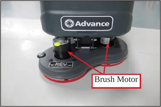 Photo of the REV brush head with arrows to the two brush motors, labeled Brush Motor.
