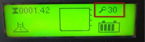 LCD display of an SC750 or SC800 showing hour meter 0001.42 with a red box around a wrench icon and the fault code 30 at the top right