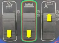 Three rocker switches (vacuum, scrub, solution) from left to right with yellow arrows: vacuum down, scrub down, solution up