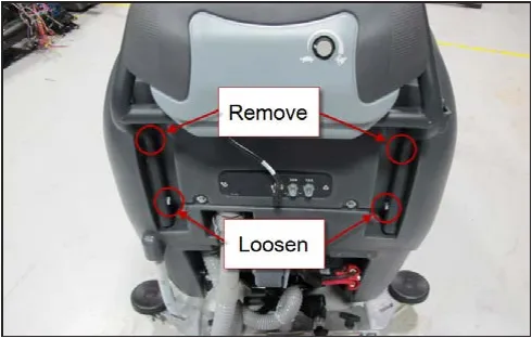 Rear of the machine handle with the two top handle bolts marked Remove and the two lower handle bolts marked Loosen