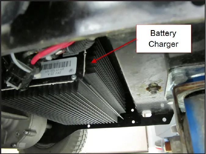 Underside of the machine showing the on-board battery charger, a finned black aluminum unit, with an arrow from the label “Battery Charger”
