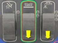 Three rocker switches (vacuum, scrub, solution) from left to right with yellow arrows: vacuum no arrow (not held), scrub down, solution down (scrub and solution backward)