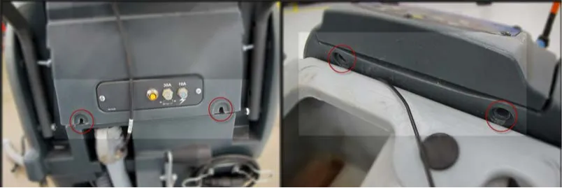 Two photos with red circles marking the electrical panel cover mounting screws: at the lower left and right of the breaker plate area, and on the top of the cover beside the recovery tank
