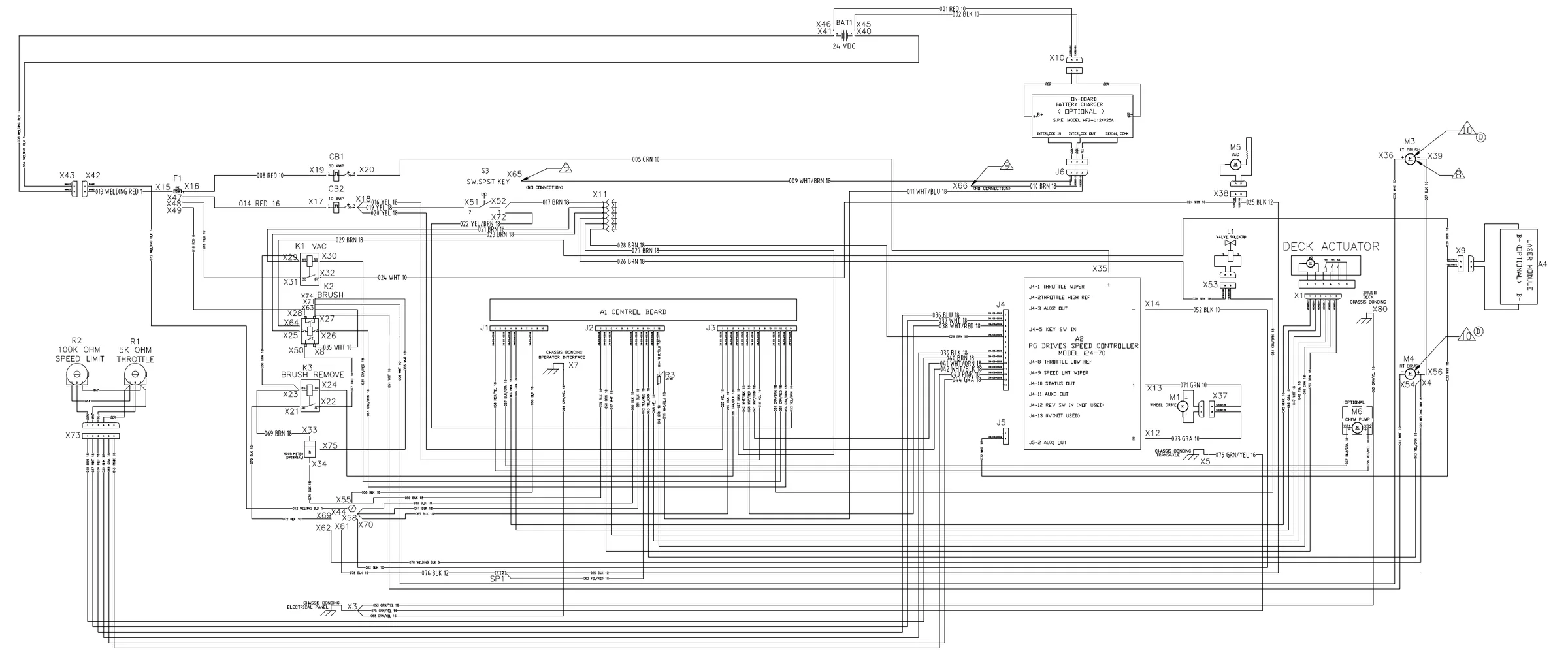 Wiring harness configuration diagram, drawing 56112171 Rev D, for early non-ST machines, showing connector numbers X3 to X80, the control board A1 connectors J1, J2 and J3, speed controller A2, contactors K1, K2 and K3, motors, deck actuator and optional laser module