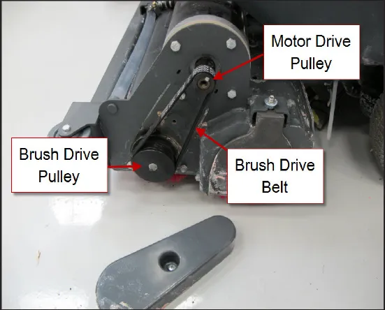 Brush head side plate with the motor drive pulley, brush drive pulley and brush drive belt labeled