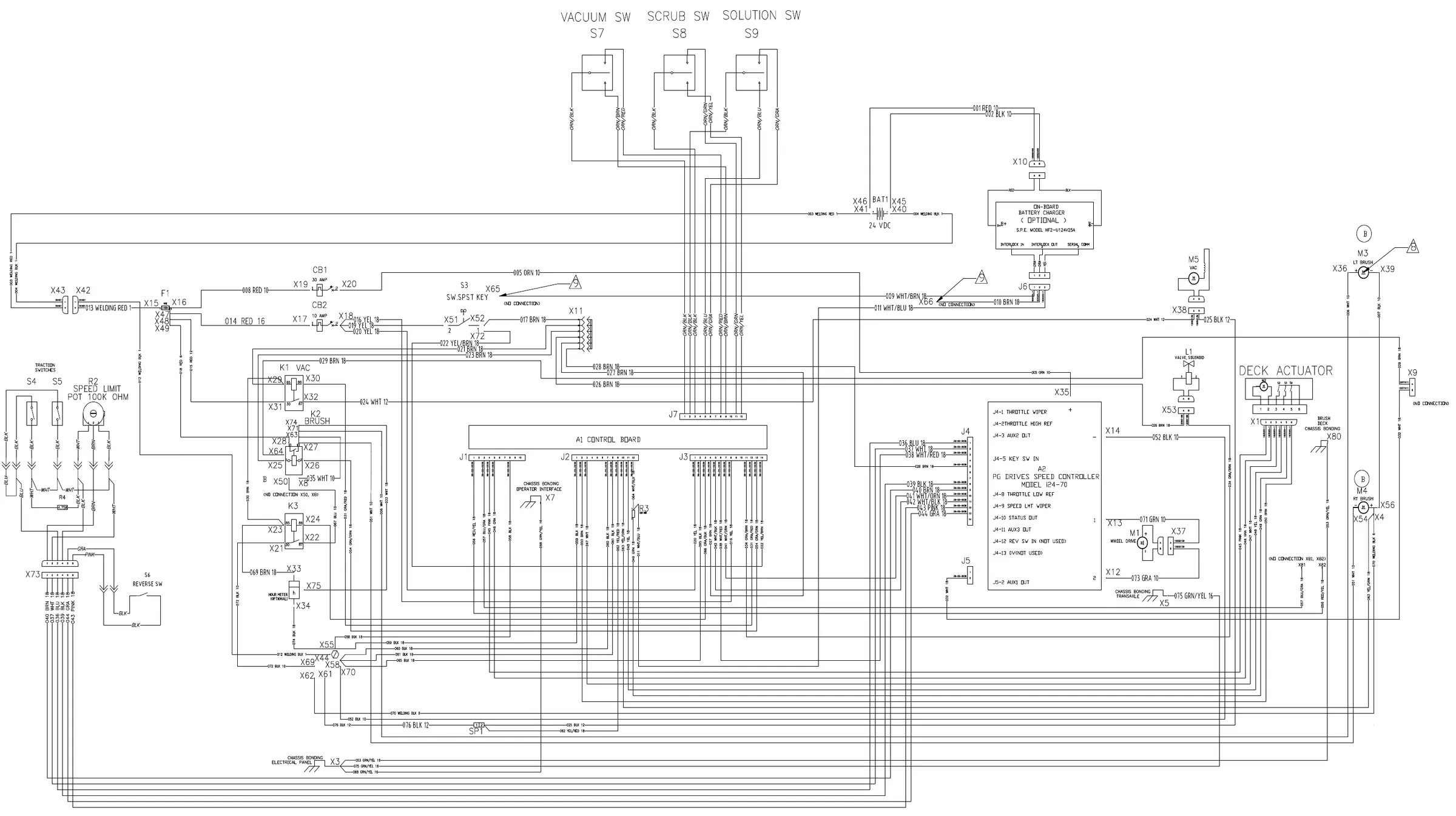 Wiring harness configuration diagram, drawing 56112181 Rev C, for early ST machines, showing the vacuum, scrub and solution switches S7, S8 and S9 at the top, traction switches S4 and S5, speed limit pot R2, reverse switch S6, control board A1 and speed controller A2