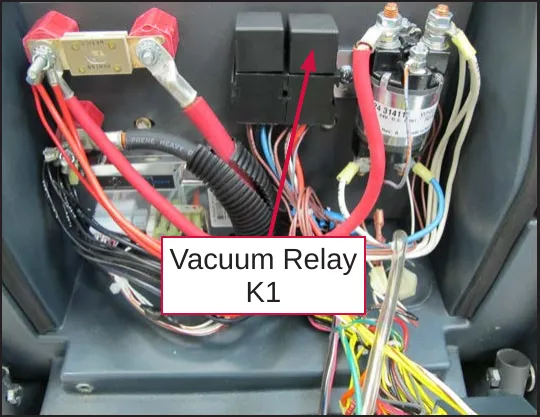 Electrical compartment with an arrow from the label “Vacuum Relay K1” to the relay