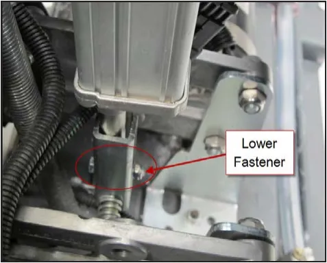 Photo of the lower end of the actuator with the lower fastener circled and labeled Lower Fastener.