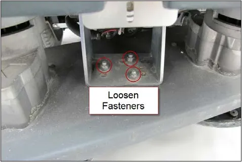 Photo looking up under the machine at the brush head bracket with the three mounting fasteners circled and labeled Loosen Fasteners.