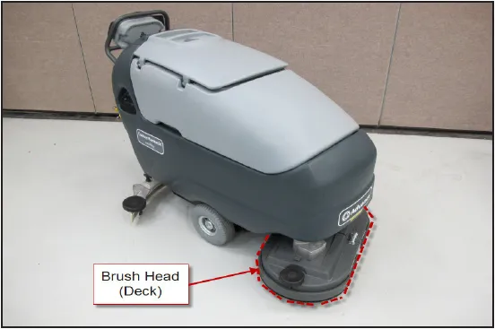 Photo of the machine with the brush head (deck) at the front underside outlined and labeled Brush Head (Deck).