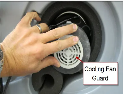 Hand pressing the motor into its foam, with an arrow from the label “Cooling Fan Guard” to the guard on the end of the motor
