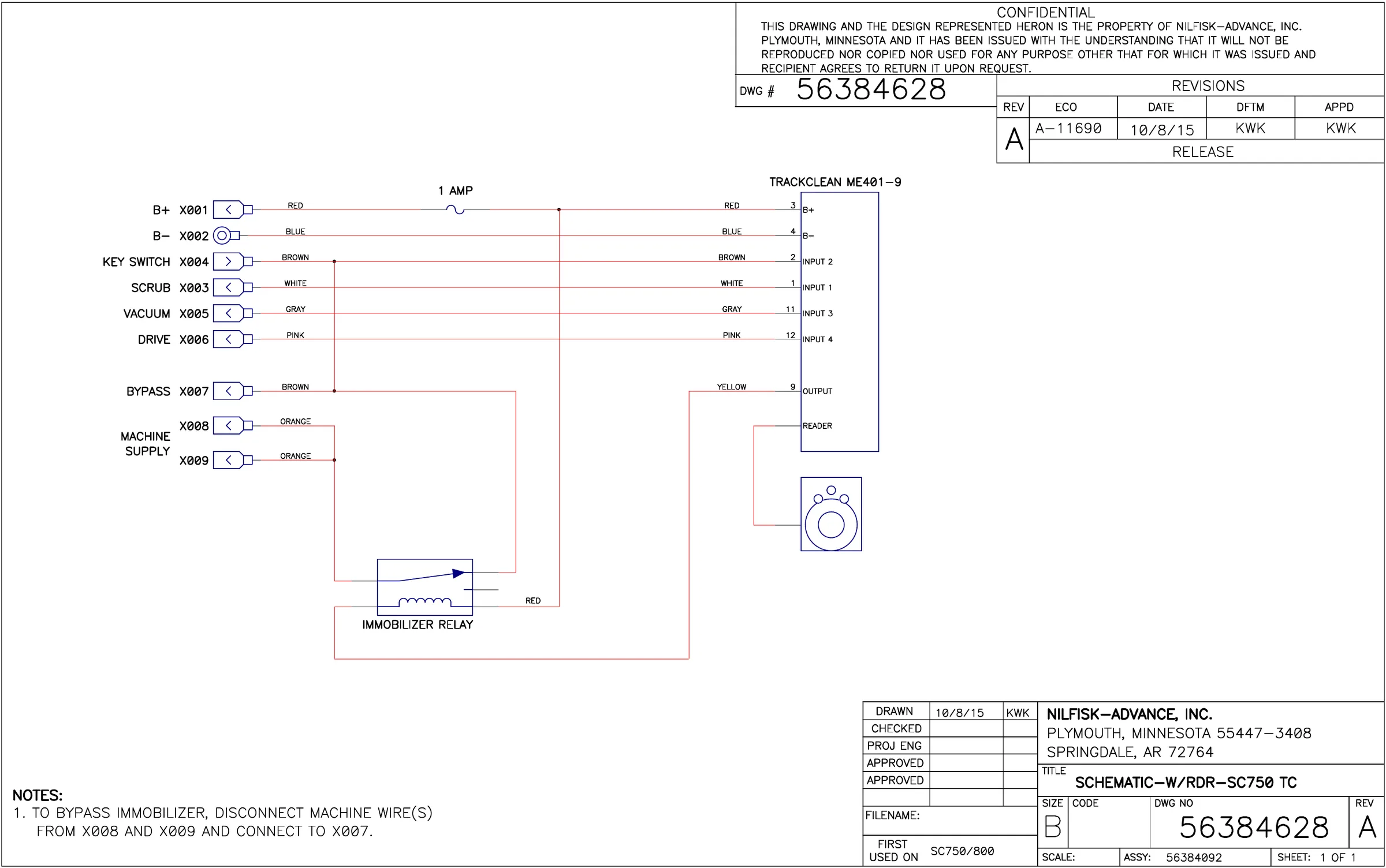 TrackClean schematic, drawing 56384628 Rev A: the TrackClean ME401-9 unit wired to connectors X001 to X009, with a 1 amp fuse in the B+ line, an immobilizer relay and the key reader
