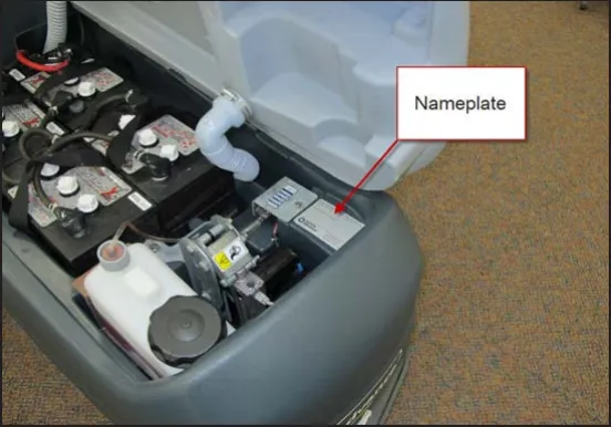 Photo of the open battery compartment with an arrow pointing to the nameplate on the machine body