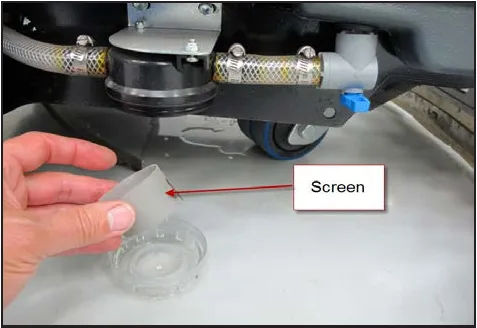 Photo of a hand holding the filter screen above the filter cover, with an arrow from the label Screen