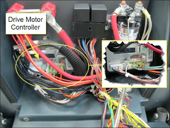 Photo of the electrical compartment with the Drive Motor Controller circled and labeled, and an inset close-up of the controller