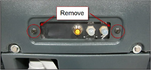 Circuit breaker plate with the two attaching screws circled and marked Remove