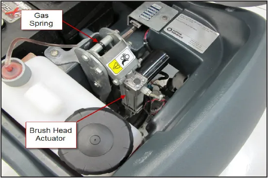 Photo of the lift area with the gas spring and the brush head actuator labeled Gas Spring and Brush Head Actuator.
