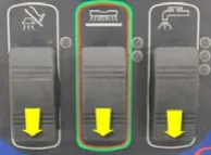 Three rocker switches (vacuum, scrub, solution) from left to right with yellow arrows: vacuum down, scrub down, solution down (all backward)