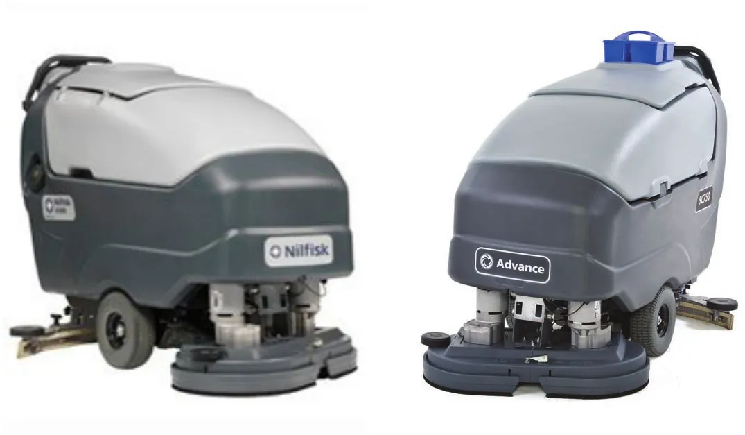 Two photos of the machine: a Nilfisk SC800 on the left and an Advance SC750 on the right, both walk-behind disc floor scrubbers with the squeegee trailing at the rear