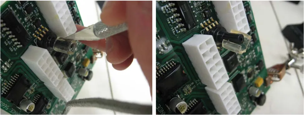 Two photos: the knife slitting along the clear tube on the sensor port, and the slit tube removed from the sensor port