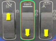 Three rocker switches (vacuum, scrub, solution) from left to right with yellow arrows: vacuum up, scrub down, solution down