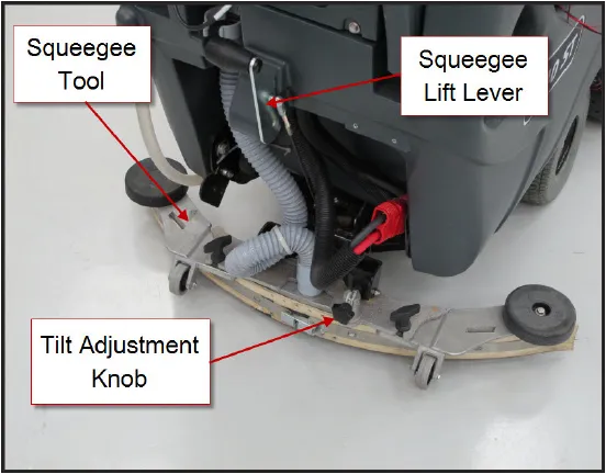 Photo of the squeegee from the side with labels Squeegee Tool, Squeegee Lift Lever and Tilt Adjustment Knob