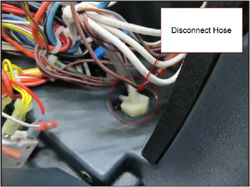 Wiring bundle with the pressure hose fitting at the solution tank circled and labeled Disconnect Hose