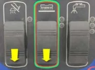 Three rocker switches (vacuum, scrub, solution) from left to right with yellow arrows: vacuum down, scrub down, solution no arrow (vacuum and scrub backward)