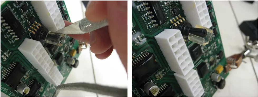Two photos: the knife slitting along the clear tube on the sensor port, and the slit tube removed from the sensor port