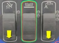 Three rocker switches (vacuum, scrub, solution) from left to right with yellow arrows: vacuum down, scrub no arrow, solution down (vacuum and solution backward)