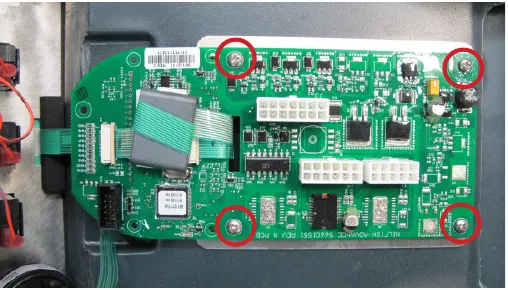 Main Machine Controller circuit board in the cover with its four mounting screws circled in red