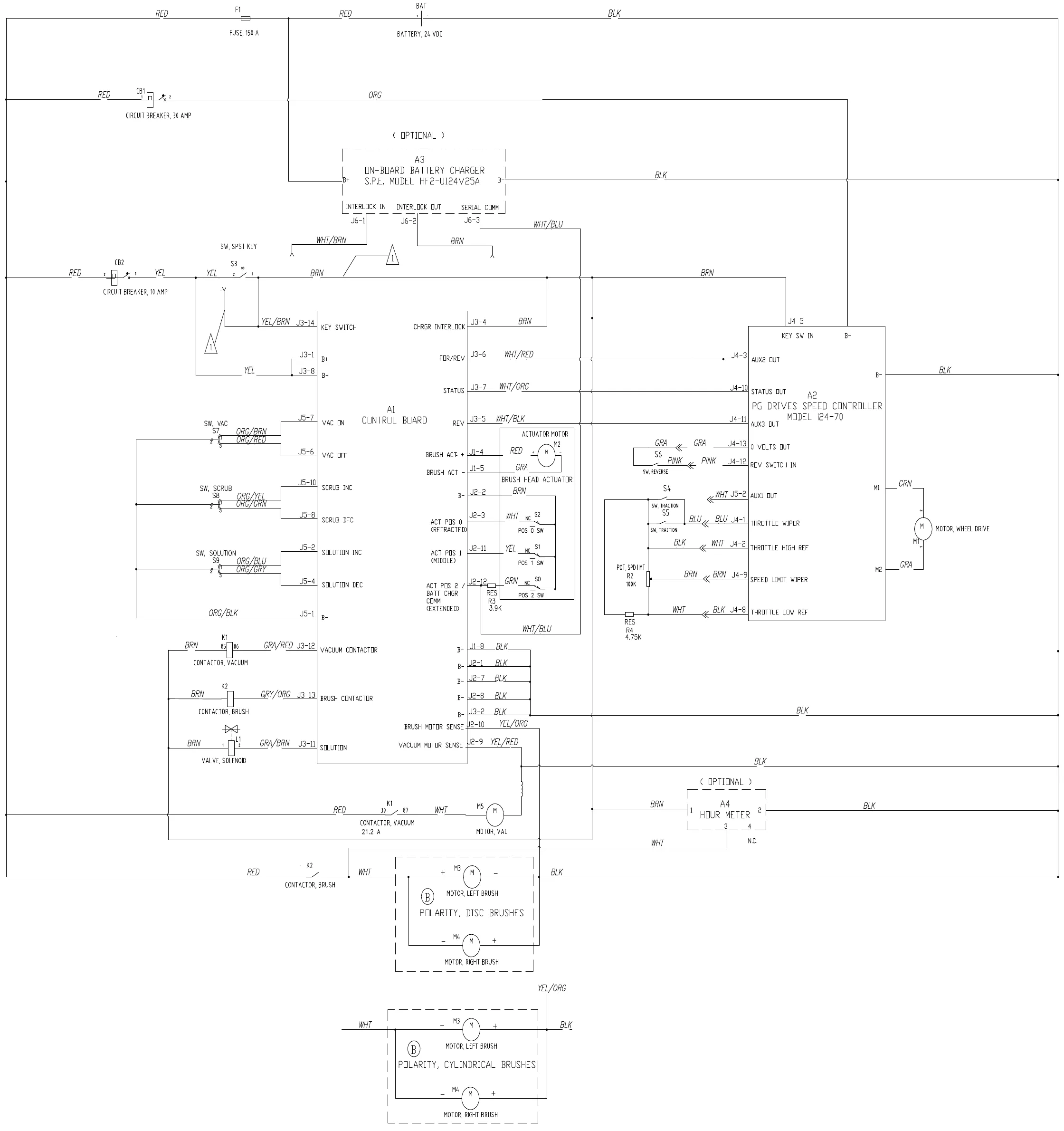 Ladder-style wiring diagram, drawing 56112180 Rev C, for early ST machines, showing the battery, fuse F1, circuit breakers, optional S.P.E. on-board battery charger, control board A1 with the vacuum, scrub and solution rocker switches, PG Drives speed controller A2, contactors, motors and optional hour meter