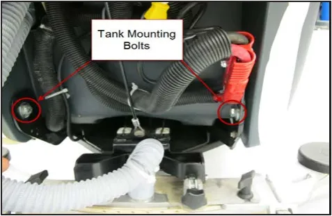 Photo of the underside of the tank with arrows from the label Tank Mounting Bolts to a bolt on each side