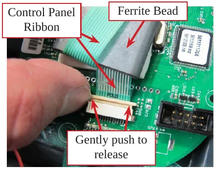 Circuit board close-up with callouts: Control Panel Ribbon, Ferrite Bead, and Gently push to release (the ribbon connector latch)