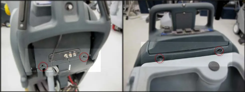 Two photos with red circles marking the electrical panel cover mounting screws: at the lower left and right of the breaker plate area, and on the top of the cover near the recovery tank