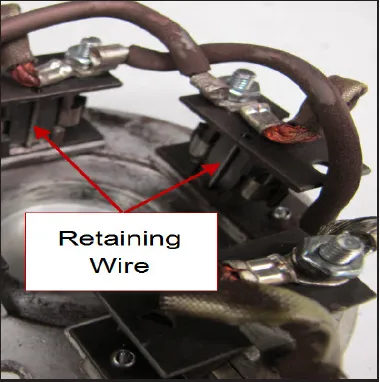 Brush holders with two temporary retaining wires in place, labeled Retaining Wire