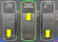 Three rocker switches (vacuum, scrub, solution) from left to right with yellow arrows: vacuum down, scrub up, solution down