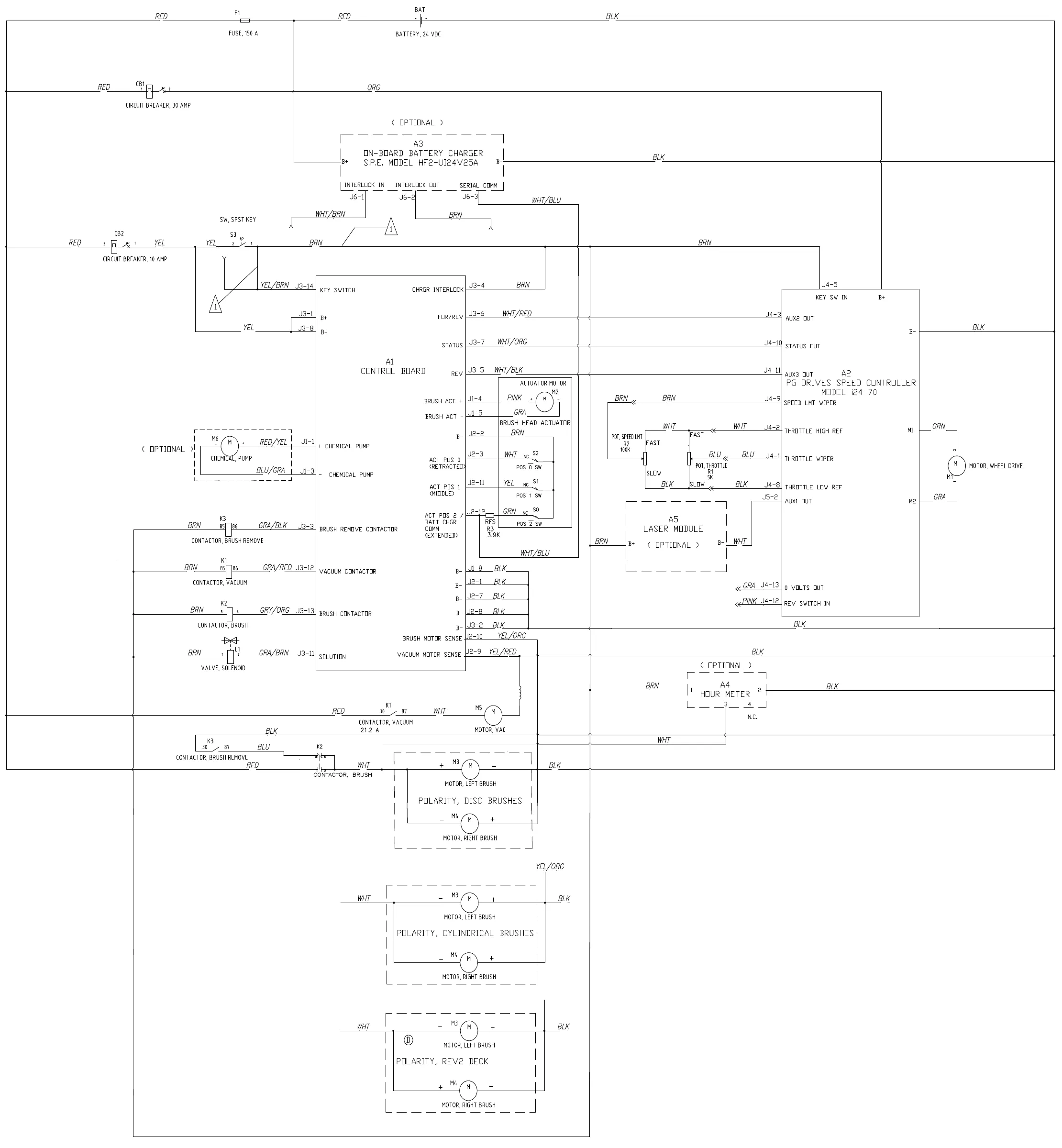Ladder-style wiring diagram, drawing 56112170 Rev D, for early non-ST machines, showing the battery, fuse F1, circuit breakers, optional S.P.E. on-board battery charger, control board A1, PG Drives speed controller A2, contactors, motors, optional hour meter and optional laser module