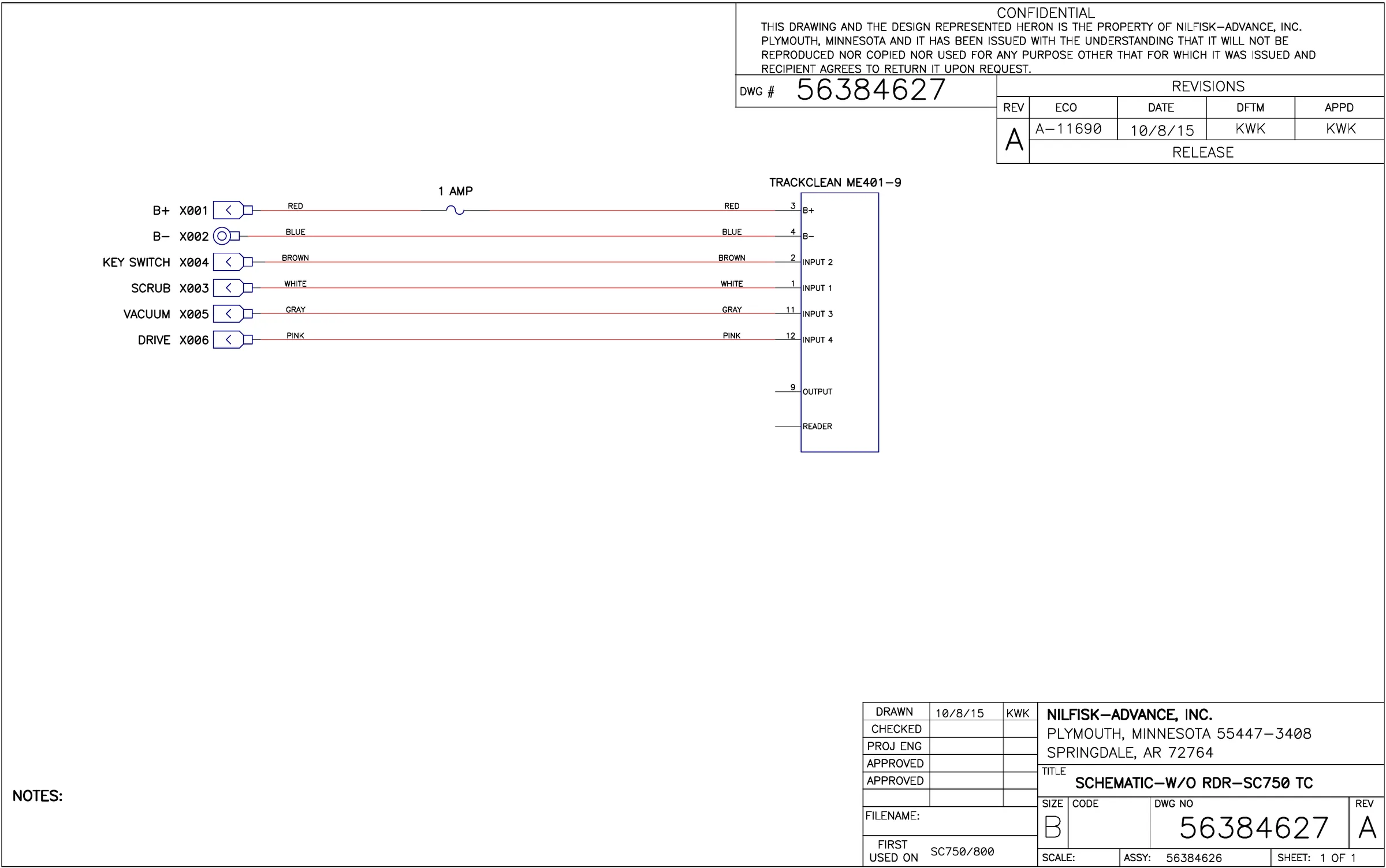 TrackClean schematic, drawing 56384627 Rev A: the TrackClean ME401-9 unit wired to connectors X001, X002, X003, X004, X005 and X006, with a 1 amp fuse in the B+ line and nothing connected to the OUTPUT and READER terminals