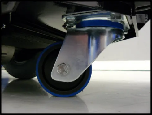 Photo of the rear swivel caster wheel and its mounting plate under the frame