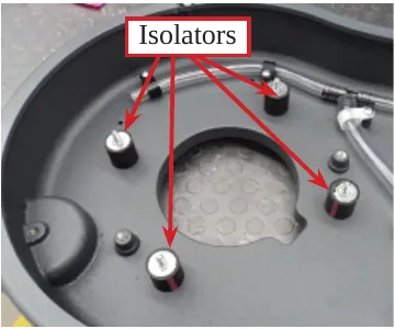 Photo inside the upright scrub head with arrows labeled Isolators pointing to the four isolators.