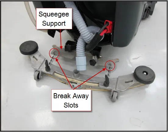 Photo of the squeegee from above with labels Squeegee Support and Break Away Slots, arrows pointing to the support and to the two slotted mounting holes