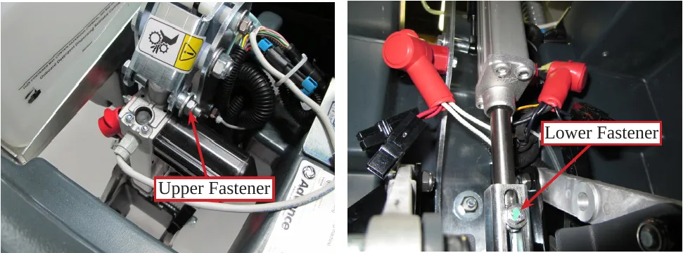 Two photos of the brush head actuator, the left with an arrow from the label “Upper Fastener” and the right with an arrow from the label “Lower Fastener”