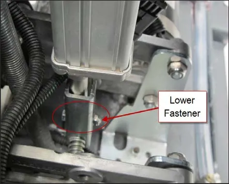 Bottom of the actuator with the lower fastener circled and labeled Lower Fastener