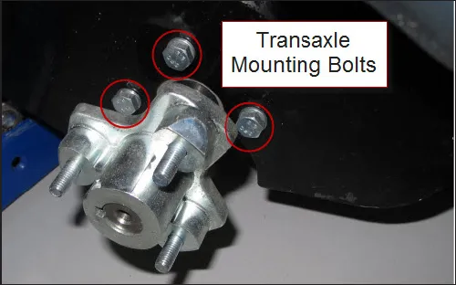 Photo of the transaxle hub with three transaxle mounting bolts circled and labeled Transaxle Mounting Bolts