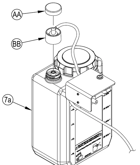 Detergent cartridge (7a) with the cap (AA) lifted off and the dry break cap (BB) positioned above the cartridge opening, with the hose attached