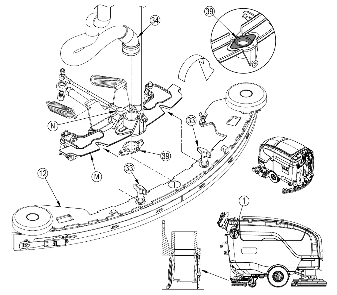 Exploded drawing of the squeegee mount: the squeegee assembly (12) with its mount bracket (M), the two thumb nuts (33), the squeegee seal (39) with a close-up of it seated in the bracket, the recovery hose (34) coming down to the squeegee inlet, the turnbuckle assembly (N), and small views of the machine showing the solution fill (1)
