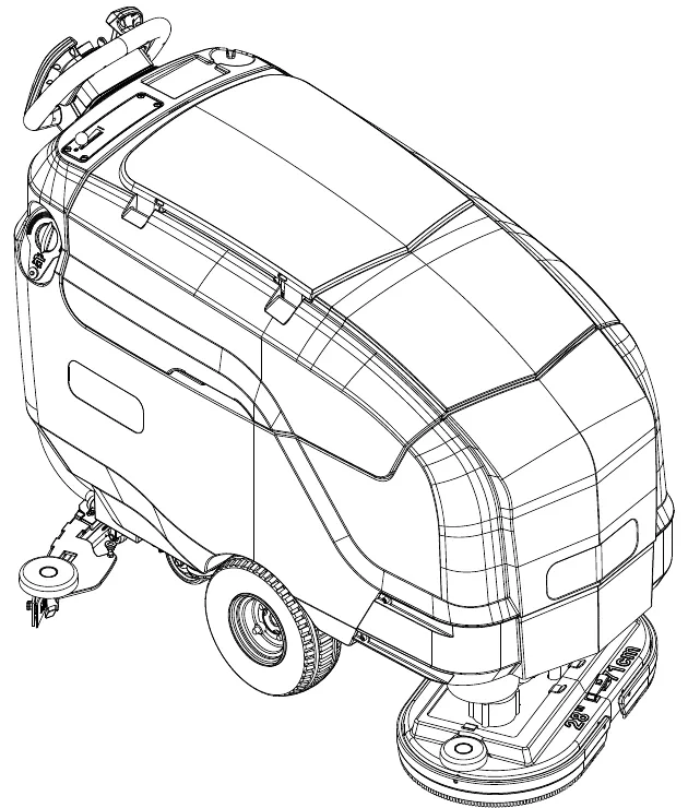 Line drawing of the SC901 ST walk-behind scrubber seen from the rear left, with the disc scrub deck at the front and the squeegee at the back