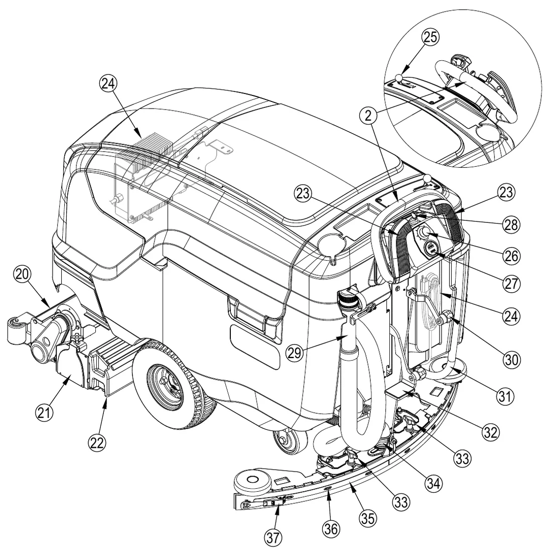 Rear three-quarter view drawing of the SC901 ST with numbered callouts 2 and 20 to 37, including the cylindrical-model idler assembly and debris hopper at the left, the control handle with paddles, key switch, speed knob and hour gauge at the right, and the squeegee with its hose, thumb nuts, strap, alignment pins and latch at the bottom