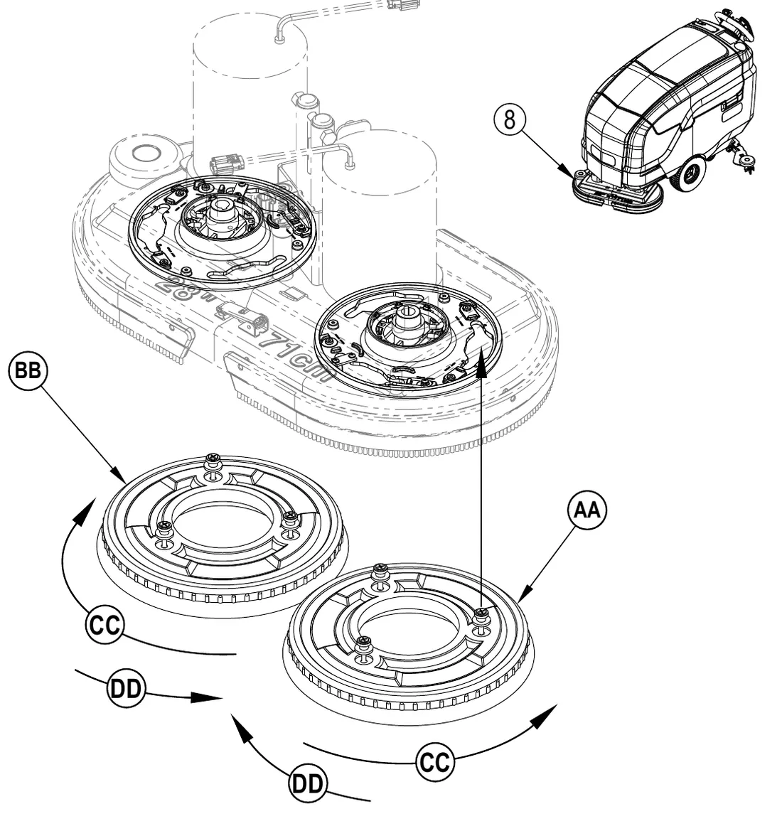Drawing of the scrub deck from above with two brushes lifted away from the mounting plates; callouts BB (lugs on the brush), AA (brush), CC (turn direction to lock) and DD (direction the brushes rotate in operation), and a small view of the whole machine showing the scrub deck (8)